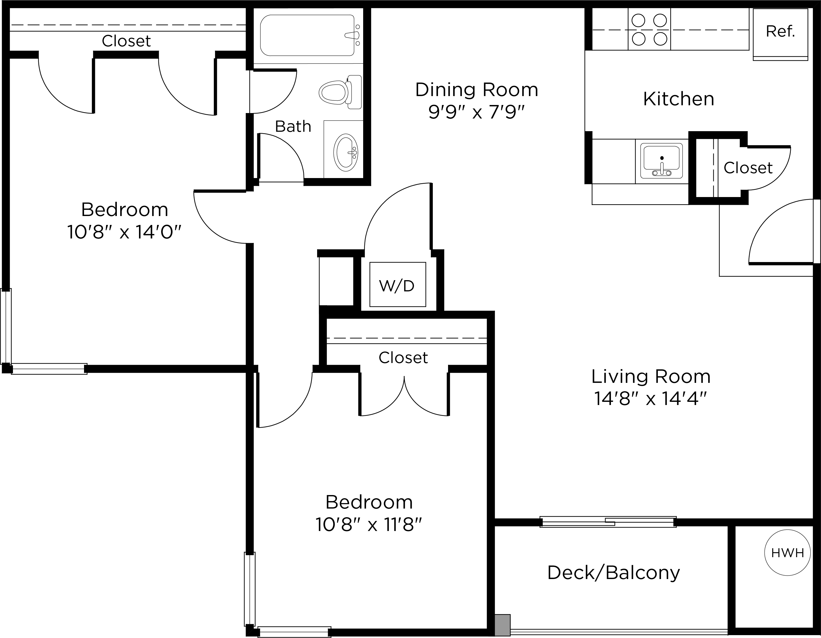 Floor plan for 2 beds, 1 bath, 877 sqft